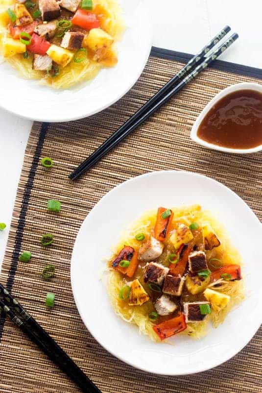 Grilled Sweet and Sour Pork with Spaghetti Squash - A healthy twist on a classic. You won't miss the fried version! | Foodfaithfitness.com | #recipe #spaghettisquash #pork