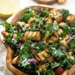 Grilled Kale Panzanella Salad - With THE BEST smokey honey mustard vinaigrette! | Foodfaithfitness.com | #salad #kale #recipe