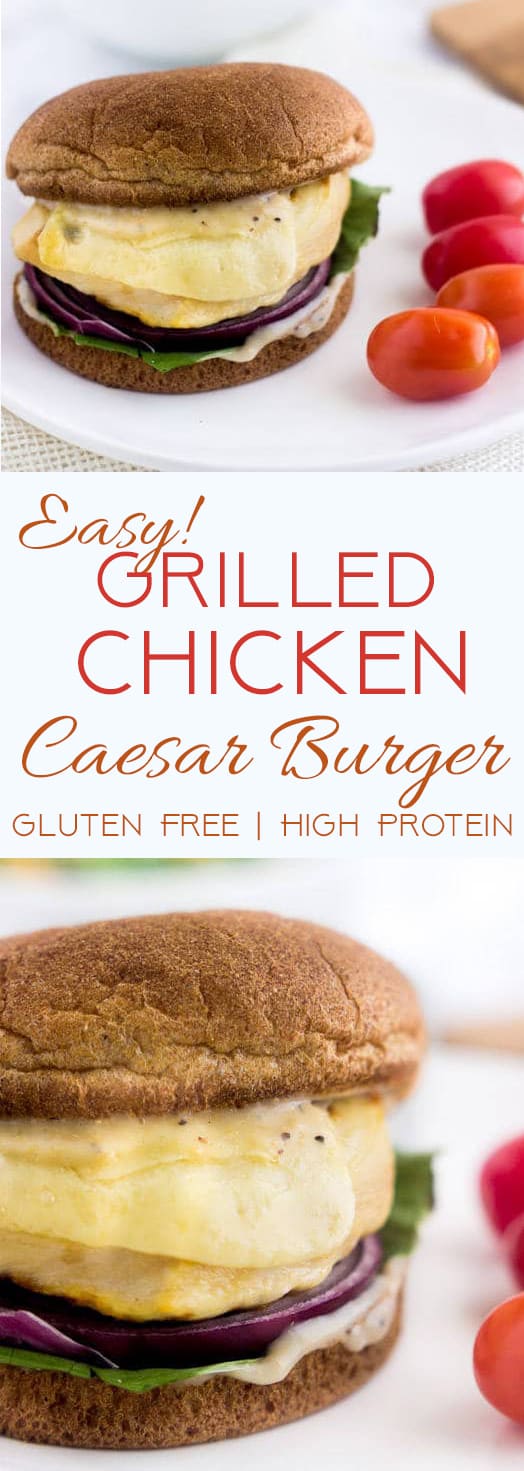 Grilled Chicken Caesar Burger - These taste like a salad on a bun. Easy, healthy, cheesy and only 350 calories and protein packed! Gluten free option too! | foodfaithfitness.com | @FoodFaithFit | Grilled chicken sandwich. Healthy chicken sandwich. gluten free chicken burger. gluten free chicken sandwich. healthy lunch recipes.