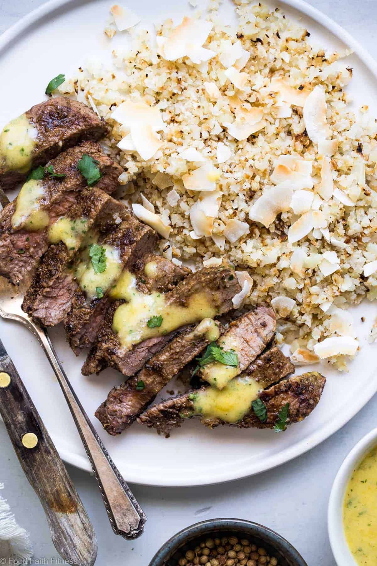 Mango Curry Steak with Coconut Cauliflower Rice - This mango curry steak is served with coconut cauliflower rice for an easy, weeknight dinner that is  under 400 calories, lower carb, gluten free and has bold, addicting flavor! | #Foodfaithfitness | #Glutenfree #Lowcarb #Healthy #Sugarfree #grainfree