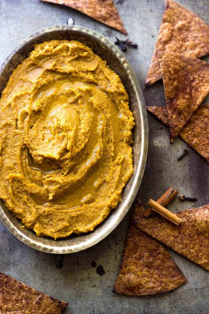 Pumpkin Pie Hummus with Baked Cinnamon "Sugar" Tortilla Chips - Healthy, Easy and tastes like pumpkin pie! | Foodfaithfitness.com | #pumpkin #recipe #healthysnack #hummus