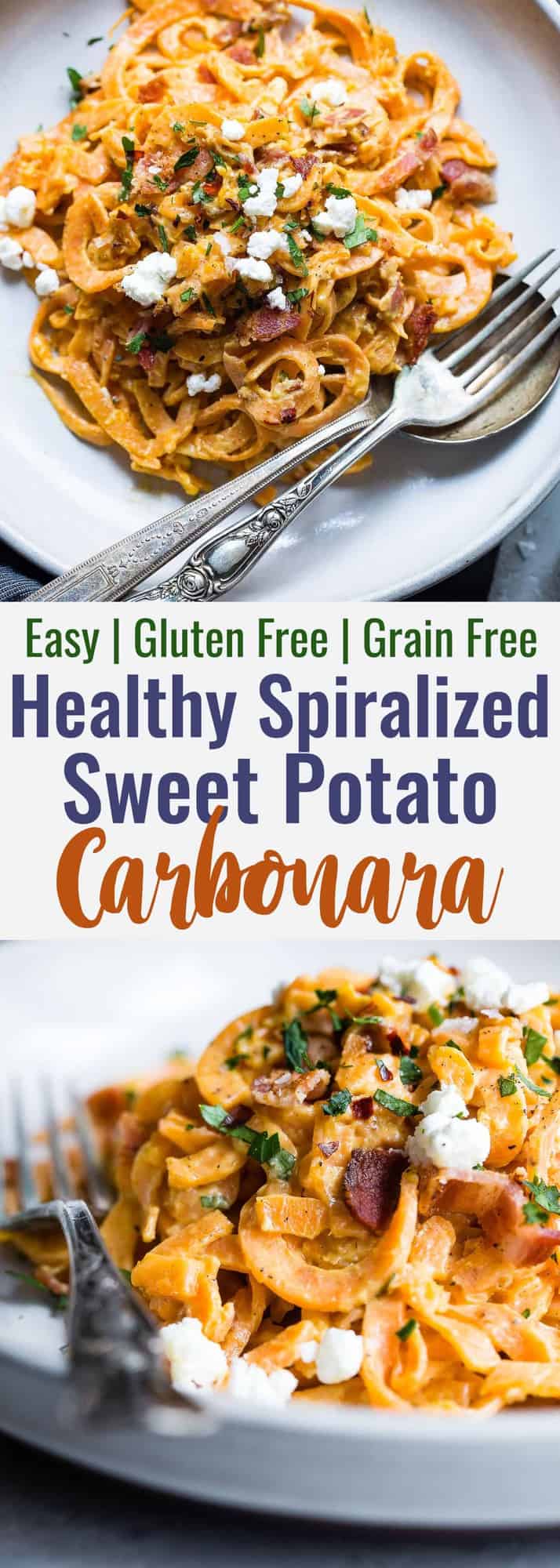 Healthy Sweet Potato Noodle Carbonara -A healthy and gluten free twist on the classic carbonara recipe that uses goat cheese to make it extra creamy! Quick, easy, family friendly and only 4 ingredients! Even picky eaters will LOVE it! | #Foodfaithfitness | #Glutenfree #Healthy #Spiralized #Grainfree #Sweetpotato