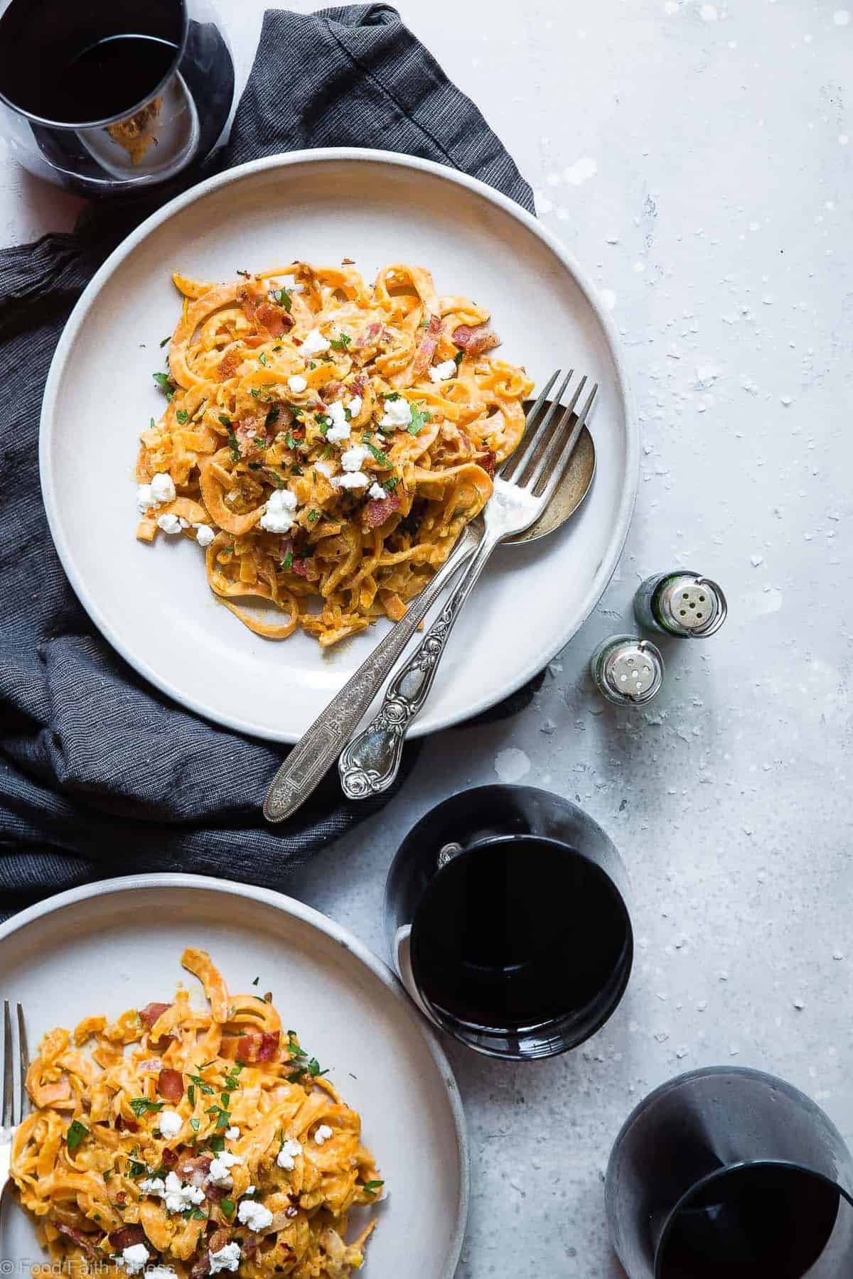 Creamy Healthy Carbonara with Sweet Potato Noodles -A healthy and gluten free twist on the classic veggie carbonara recipe that uses goat cheese to make it extra creamy! Quick, easy, family friendly and only 4 ingredients! Even picky eaters will LOVE it! | #Foodfaithfitness | #Glutenfree #Healthy #Spiralized #Grainfree #Sweetpotato