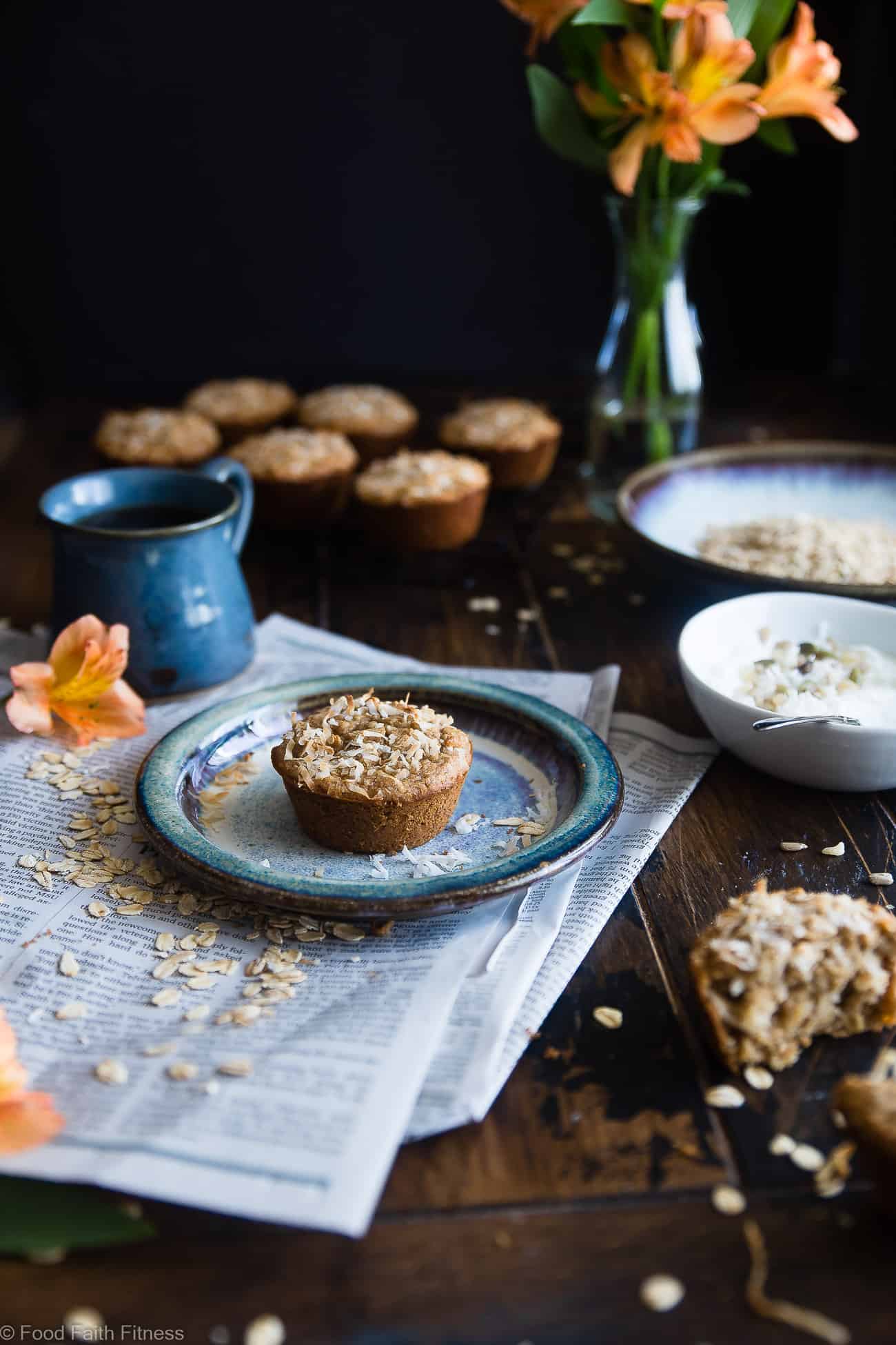 Flourless Oatmeal Applesauce Almond Butter Muffins - These healthy, dairy free muffins are made with simple, wholesome ingredients like oatmeal and almond butter and topped with coconut! They use applesauce instead of oil to keep them SO moist! | #Foodfaithfitness | #Glutenfree #Healthy #Almondbutter #Coconut #Muffins