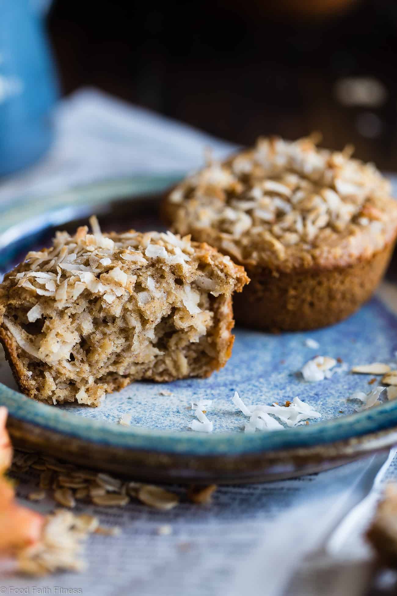 Gluten Free Coconut Almond Butter Oatmeal Muffins - These healthy, dairy free muffins are made with simple, wholesome ingredients like oatmeal and almond butter and topped with coconut! They use applesauce instead of oil to keep them SO moist! | #Foodfaithfitness | #Glutenfree #Healthy #Almondbutter #Coconut #Muffins