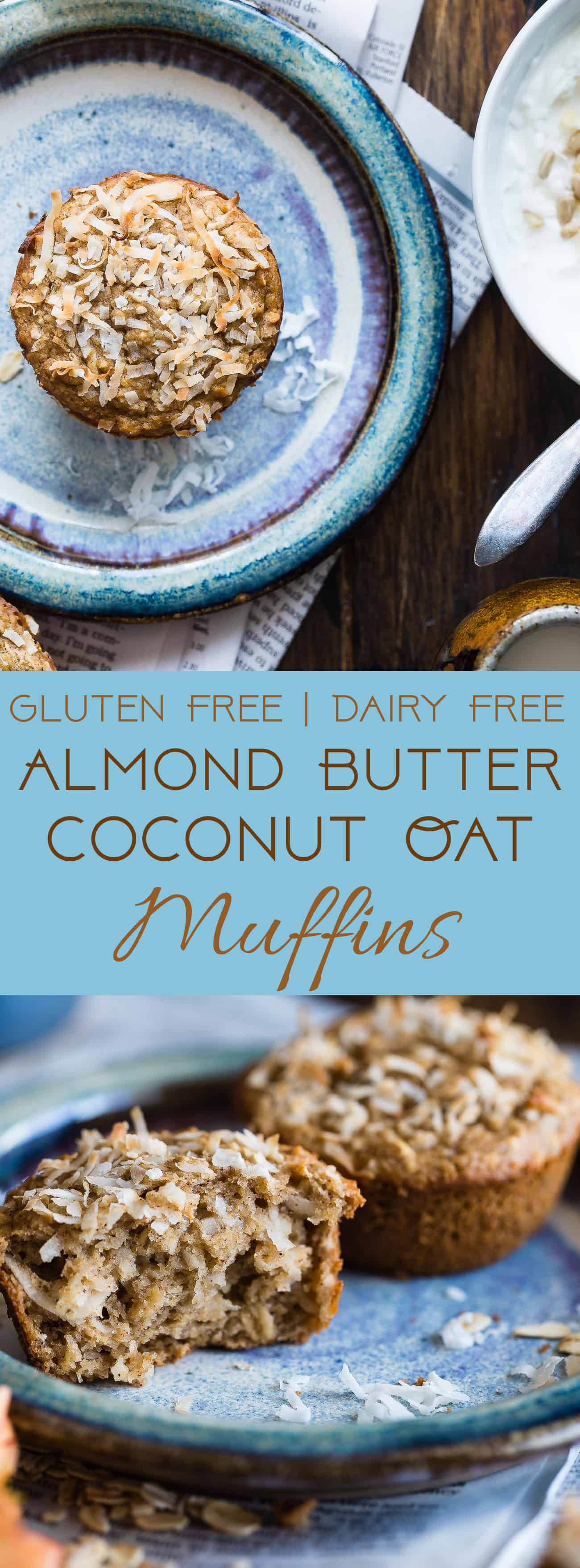 Gluten Free Coconut Almond Butter Oatmeal Muffins - These healthy, dairy free muffins are made with simple, wholesome ingredients like oatmeal and almond butter and topped with coconut! They use applesauce instead of oil to keep them SO moist! | #Foodfaithfitness | #Glutenfree #Healthy #Almondbutter #Coconut #Muffins