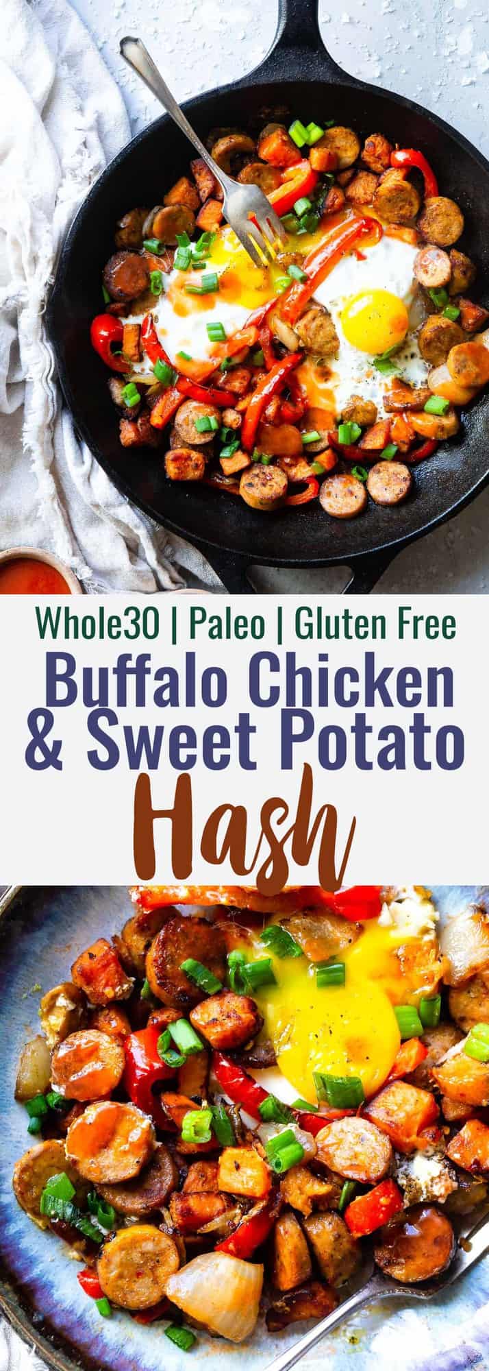 Buffalo Chicken Paleo Sweet Potato Hash - A game day spin on a classic breakfast that will be hit with even picky eaters! It's a quick and easy breakfast OR dinner that is paleo and whole30 compliant too! | #Foodfaithfitness | #Glutenfree #Paleo #Whole30 #Healthy #Dairyfree