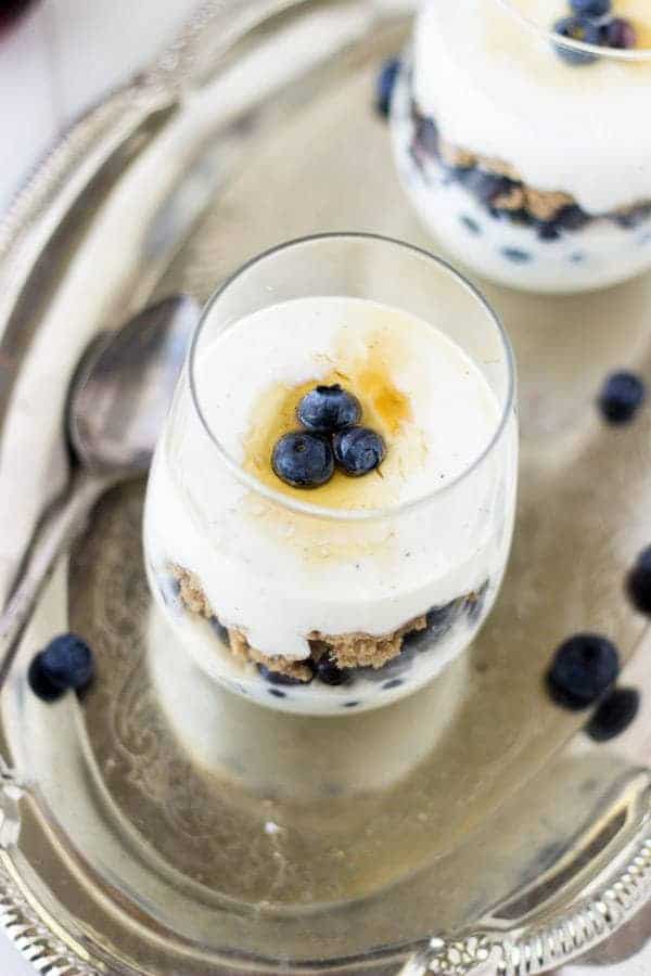 Gluten Free Pancake Parfaits - Pancakes are layered with blueberries and Greek yogurt for a fun and healthy #breakfast! | Foodfaithfitness.com | #recipe #pancake #Glutenfree