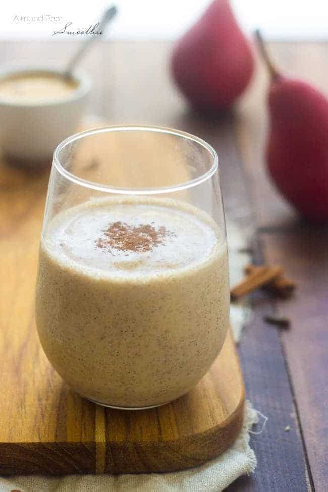 Almond Pear Smoothie - Loaded with almond butter and pears, this is sure to be your new favorite smoothie! | Foodfaithfitness.com | #recipe #smoothie #almondbutter