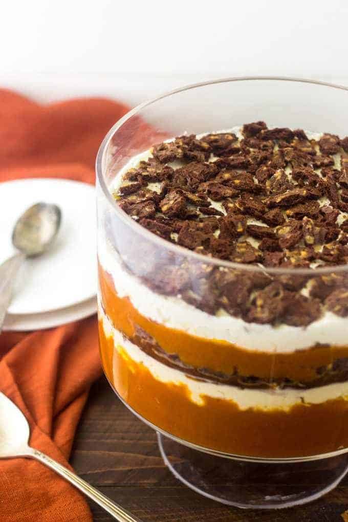 White Chocolate Pumpkin Trifle - A show stopping dessert that is SO easy and perfect for Thanksgiving! | Foodfaithfitness.com | #recipe #pumpkin