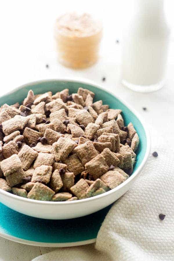 Protein Puppy Chow - Add a little health boost to the classic snack that is quick, easy and great for kids! | Foodfaithfitness.com | #puppychow #recipe #healthysnack