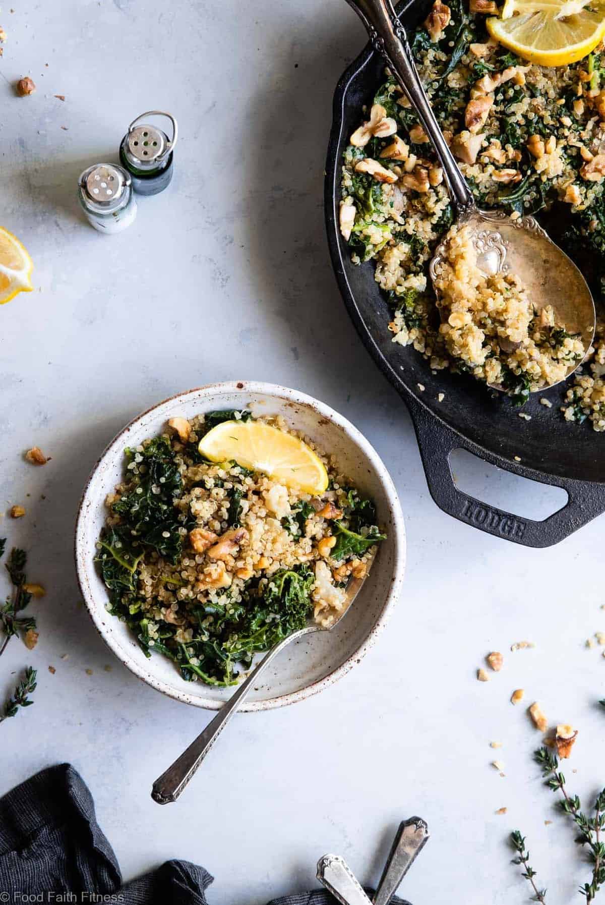 Kale Quinoa and Mushroom Skillet with Garlic Herb Butter - This skillet is made in one pan and is SO easy and full of flavour. It's a healthy, meatless dinner that your whole family will love! Great for meal prep too! | #Foodfaithfitness | #Glutenfree #Vegetarian #Healthy #Meatless #Dinner