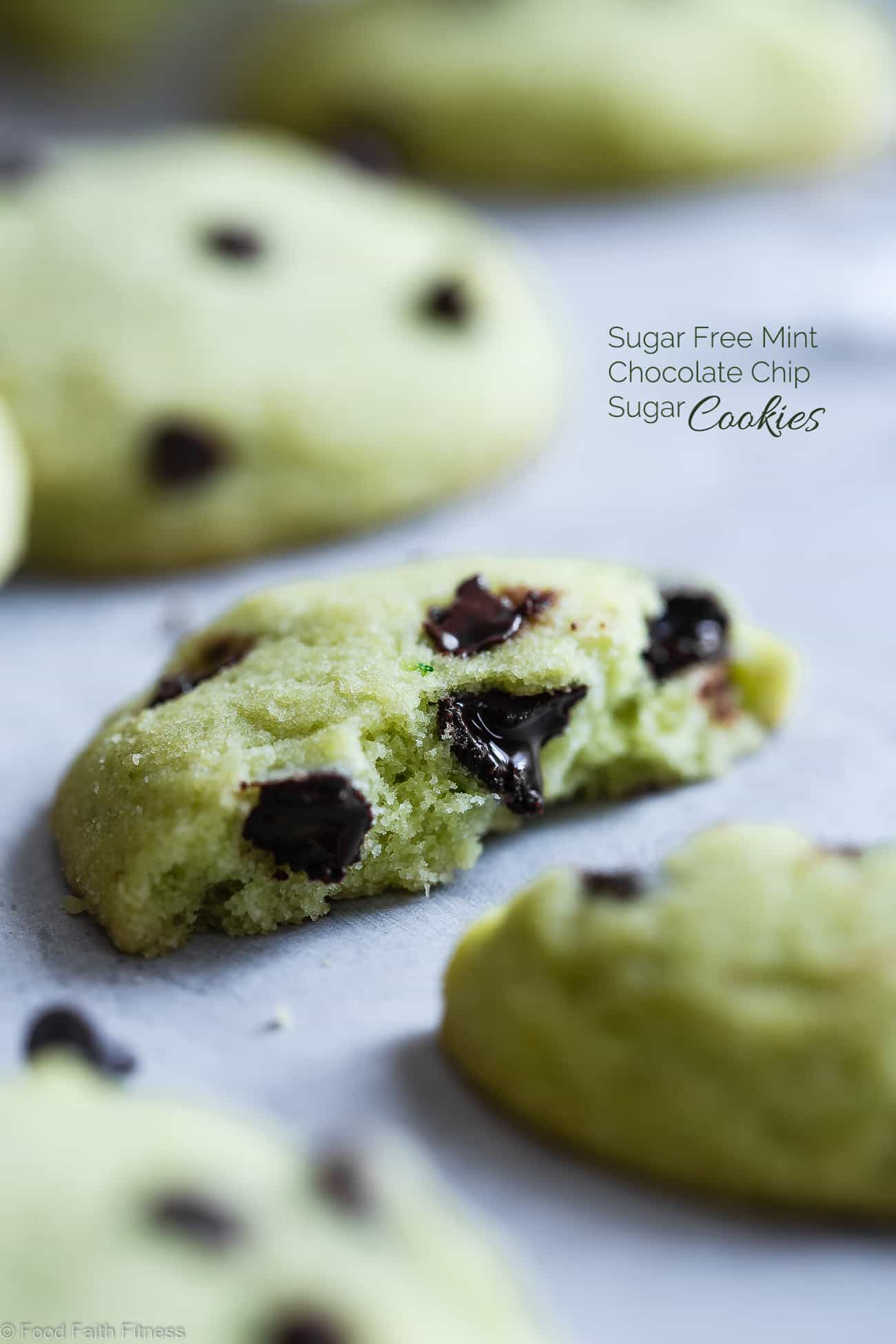 Gluten Free Mint Chocolate Chip Sugar Cookies - These healthy sugar cookies are SO soft and chewy that you will never believe they're sugar free, naturally colored and only 90 calories and 4 SmartPoints! Perfect for Christmas! | Foodfaithfitness.com | @FoodFaithFit