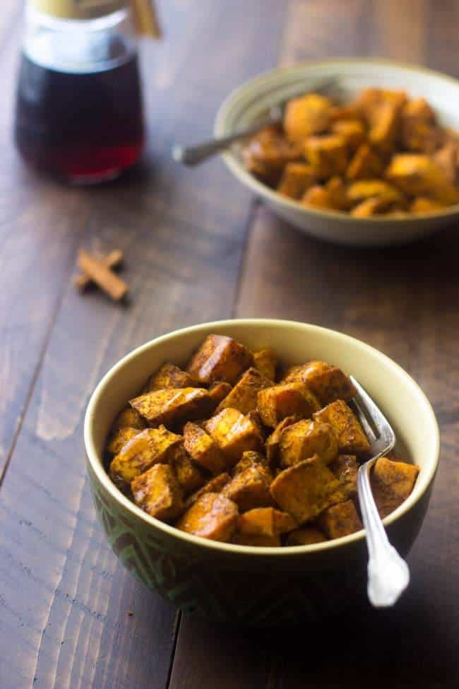 Maple Curry Easy Roasted Sweet Potatoes - A quick and easy side dish that is perfect for a light and healthy Thanksgiving option, that your family will love! | Foodfaithfitness.com | #recipe