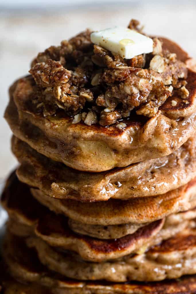 close up of a stack of healthy apple pancakes