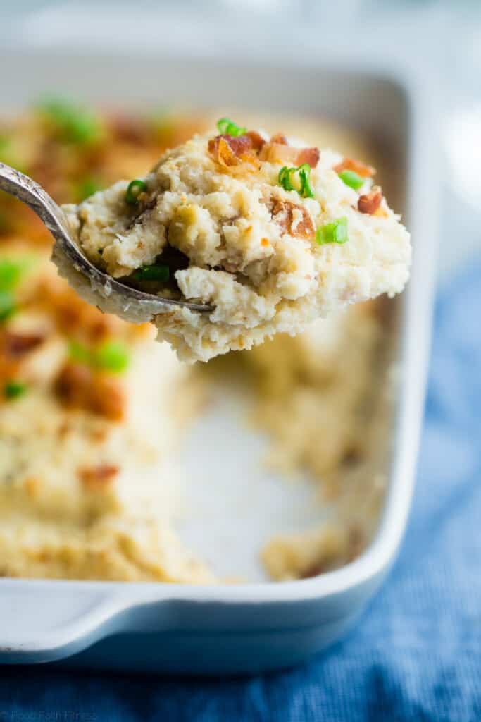 close up of cauliflower bake in a spoon