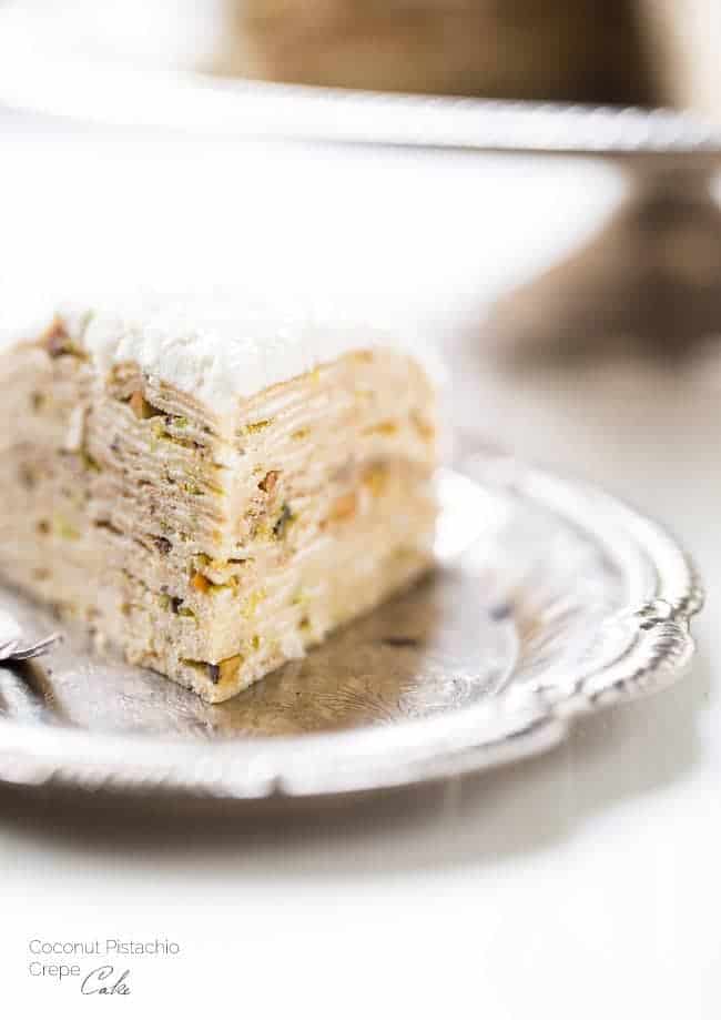 Coconut Pistachio Crepe Cake - A showstopping dessert that is surprisingly EASY! Perfect to impress at your Christmas table! | Foodfaithfitness.com | #recipe
