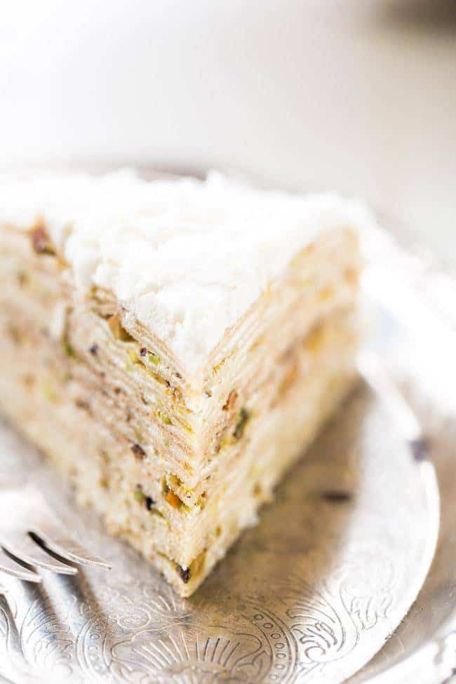 Coconut Pistachio Crepe Cake - A showstopping dessert that is surprisingly EASY!  Perfect to impress at your Christmas table!  |  Foodfaithfitness.com |  #recipe