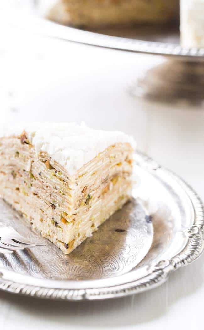 Coconut Pistachio Crepe Cake - A showstopping dessert that is surprisingly EASY! Perfect to impress at your Christmas table! | Foodfaithfitness.com | #recipe