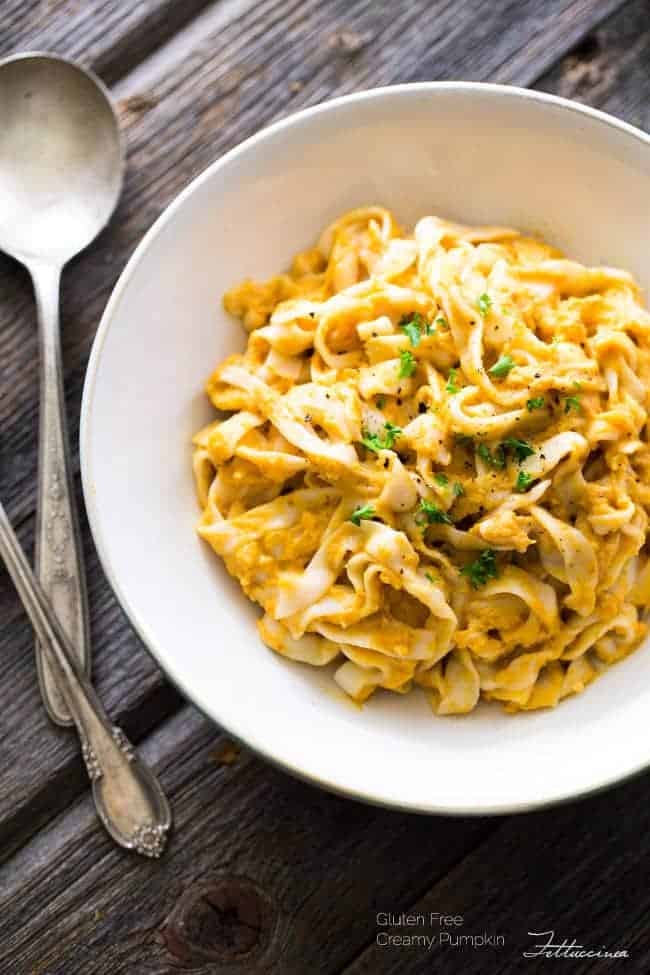 Creamy Pumpkin Pasta - A secret, 10 calorie noodle keeps this pasta healthy! It's quick, easy and perfect for a comforting, weeknight meal! | Foodfaithfitness.com | #recipe