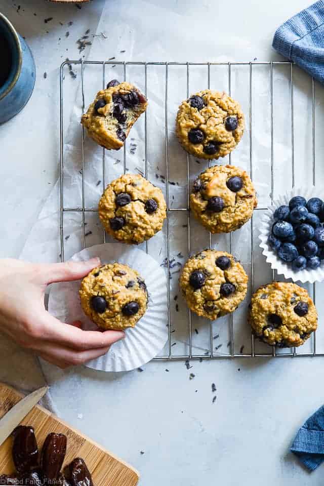 High Protein Blueberry Quinoa Muffins - Naturally sweetened, gluten free, dairy free and packed with plant based protein and fiber! These muffins are quick and easy to make and great for kids lunchboxes or snacks! Adults love them too! | #Foodfaithfitness | #Glutenfree #Dairyfree #Proteinpowder #Healthy #Quinoa