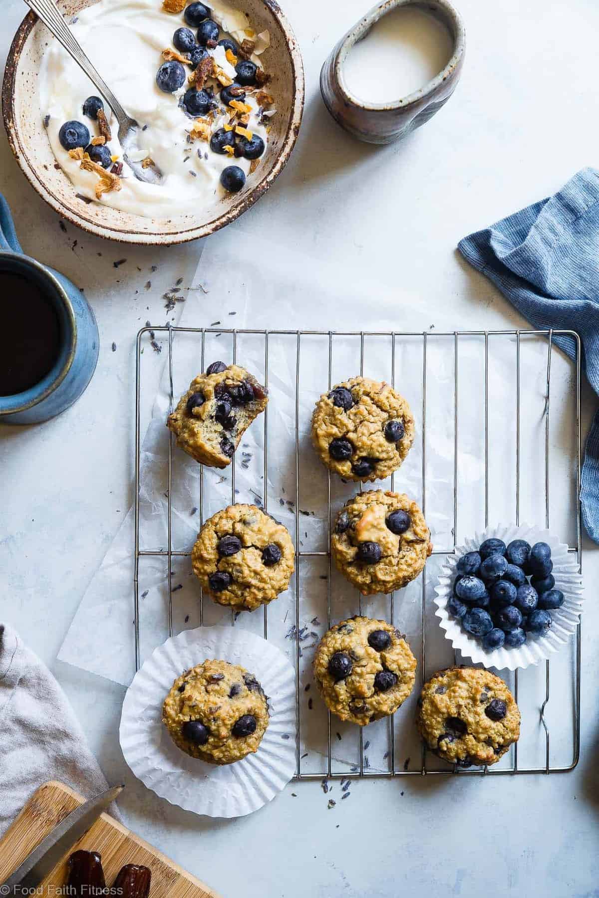 Quinoa Blueberry High Protein Muffins - Naturally sweetened, gluten free, dairy free and packed with plant based protein and fiber! These muffins are quick and easy to make and great for kids lunchboxes or snacks! Adults love them too! | #Foodfaithfitness | #Glutenfree #Dairyfree #Proteinpowder #Healthy #Quinoa