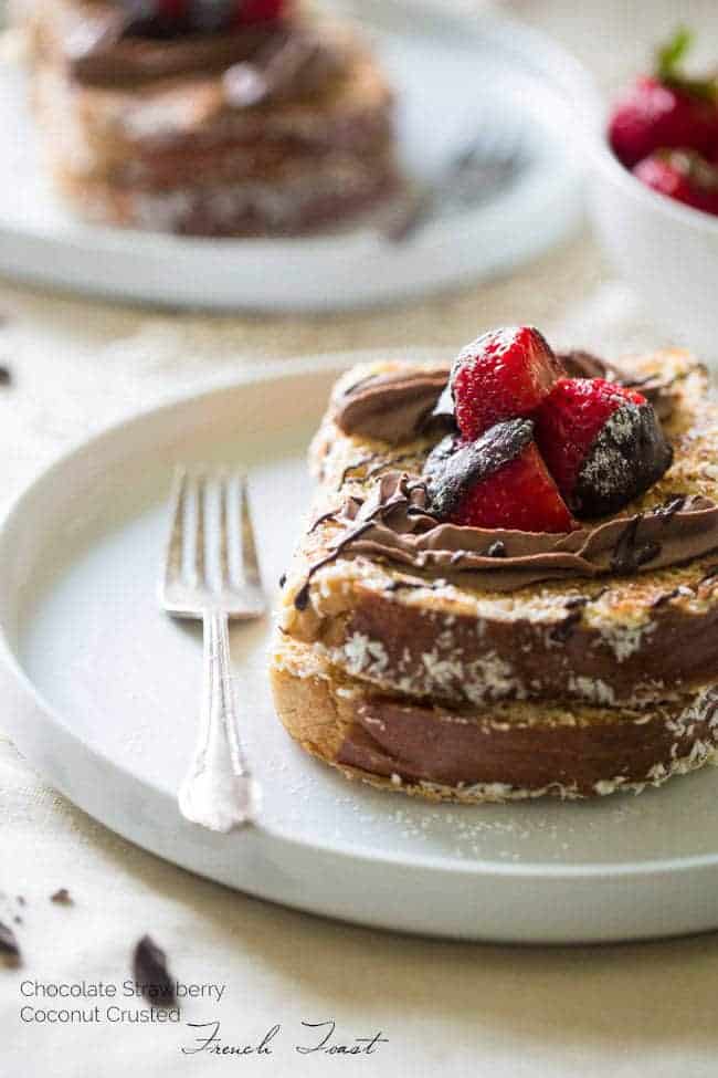 Coconut Crusted Brioche French Toast with Coconut Whipped Cream and Chocolate Covered Strawberries - Sugar free! The perfect Valentine's Day Breakfast! | Foodfaithfitness.com | @FoodFaithFit
