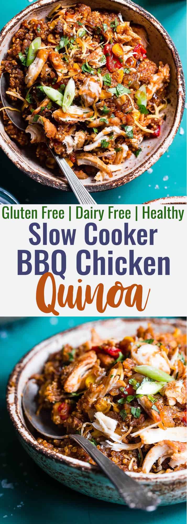 Slow Cooker Healthy BBQ Chicken Quinoa Casserole - This chicken and quinoa casserole is made in the crock pot so it's SUPER quick and easy. Perfect for weeknights and the WHOLE family will love it - even picky eaters! | #Foodfaithfitness | #Glutenfree #Dairyfree #Healthy #Slowcooker #Crockpot