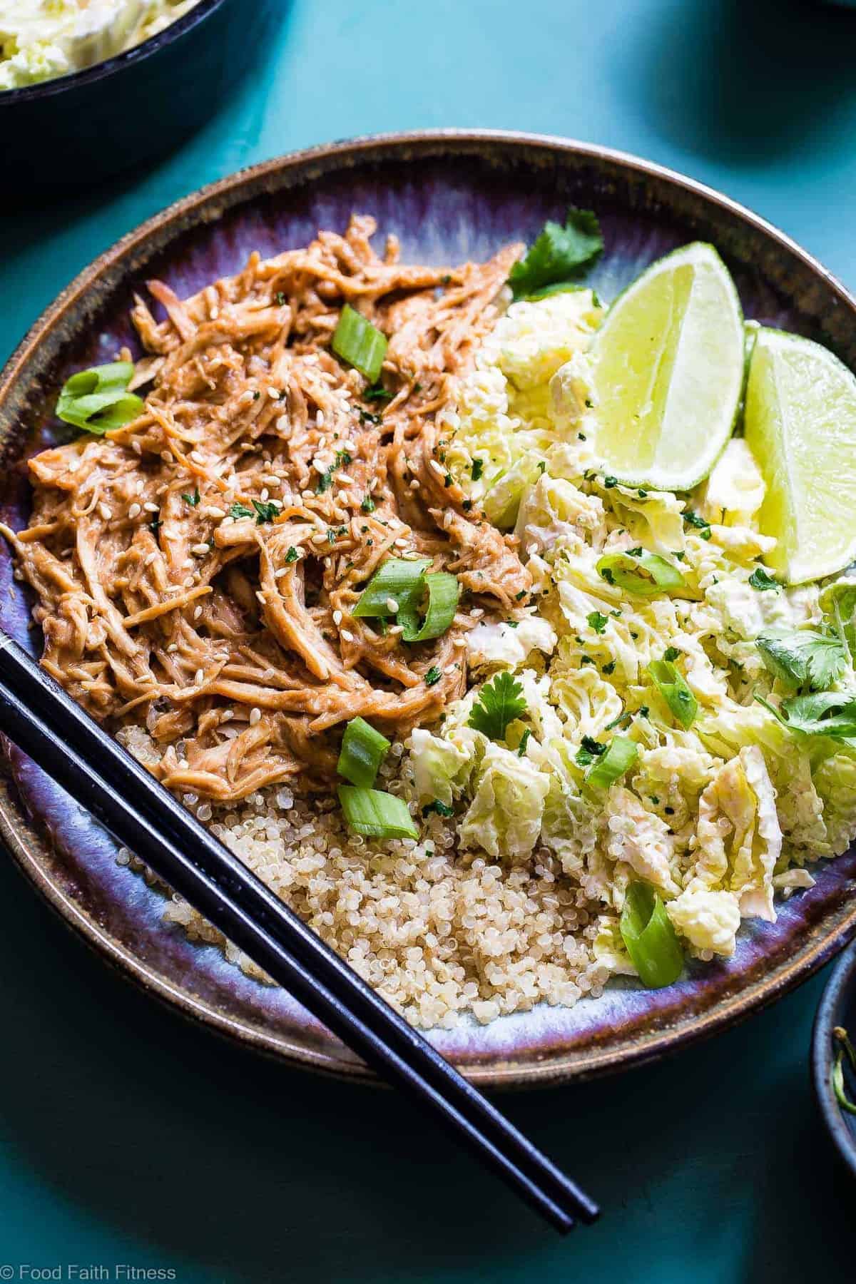 Slow Cooker Thai Peanut Chicken Quinoa Bowls - CREAMY crockpot Thai peanut chicken is mixed with quinoa and a spicy cabbage slaw to make a family friendly, gluten free and healthy meal! The slow cooker does the work for you! | #Foodfaithfitness | #Glutenfree #Dairyfree #Healthy #Slowcooker #Crockpot