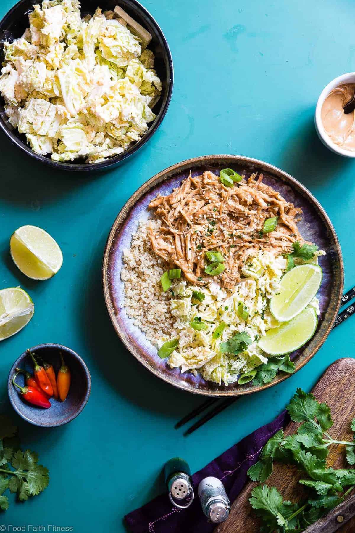 Slow Cooker Thai Peanut Butter Chicken Quinoa Bowls - CREAMY crockpot Thai peanut chicken is mixed with quinoa and a spicy cabbage slaw to make a family friendly, gluten free and healthy meal! The slow cooker does the work for you! | #Foodfaithfitness | #Glutenfree #Dairyfree #Healthy #Slowcooker #Crockpot