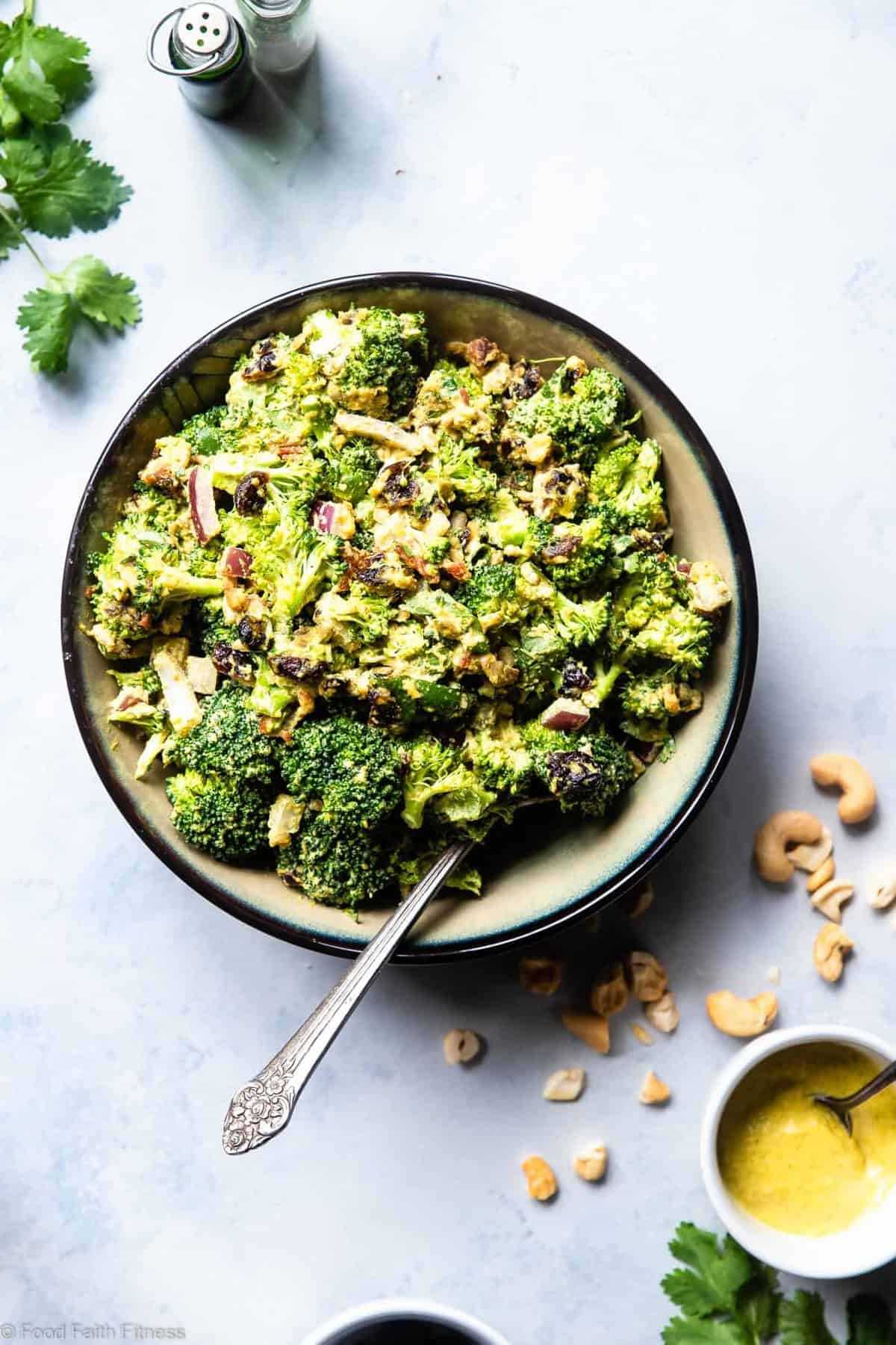 Curried Vegan Paleo Broccoli Cashew Salad -  This easy healthy broccoli salad is jazzed up with a curried cashew cream dressing. It's a quick, easy, gluten and dairy free side that's always a crowd pleaser! | #Foodfaithfitness | #Glutenfree #Paleo #Vegan #Dairyfree #Healthy