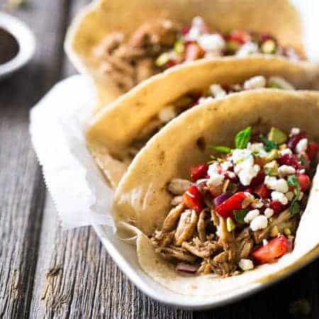 Chicken Tacos with Goat Cheese & Strawberry Salsa - An easy, weeknight dinner that is super healthy , unique and sure to please! | Foodfaithfitness.com | #recipe