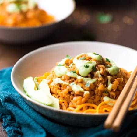 Red Lentil Curry and Spiralized Sweet Potato Noodle Bowls - Gluten free, Vegan and ready in 20 minutes! | Foodfaithfitness.com | @FoodFaithFit
