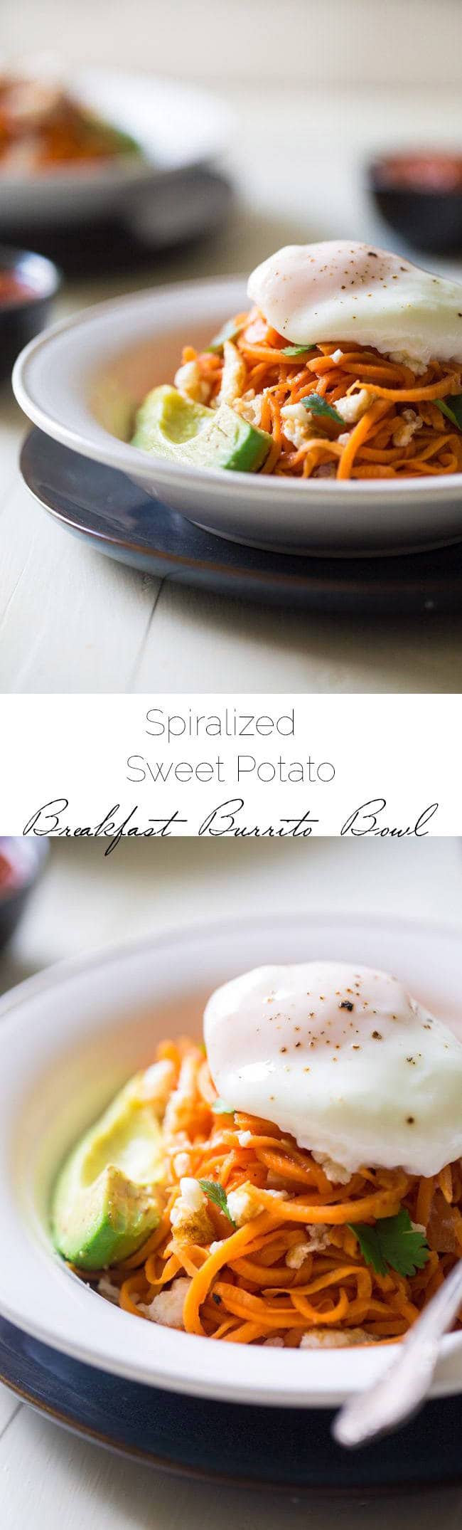 Spiralized Sweet Potato Breakfast Burrito Bowl - 7 Ingredients, gluten free, Paleo and ready in 20 minutes! Your new favorite breakfast OR dinner! | Foodfaithfitness.com | @FoodFaithFit