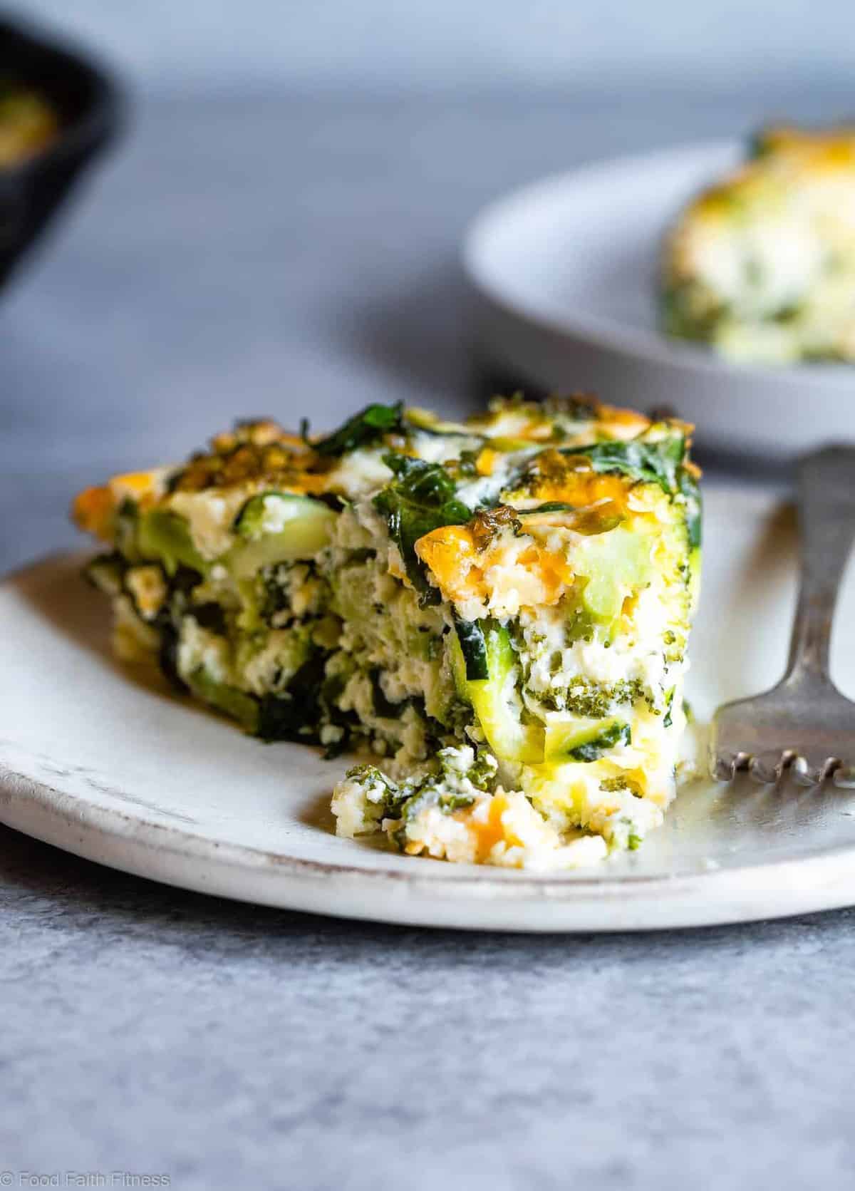 Baked Kale and Broccoli Cheesy Zucchini Casserole -Â This low carb, gluten freeÂ Healthy Baked Cheesy Zucchini Casserole is a quick, easy and healthy dinner that even your kids will love! Protein packed, only 1 Freestyle point and 167 calories too! | #Foodfaithfitness | #Lowcarb #Keto #Glutenfree #Spiralized #Healthy