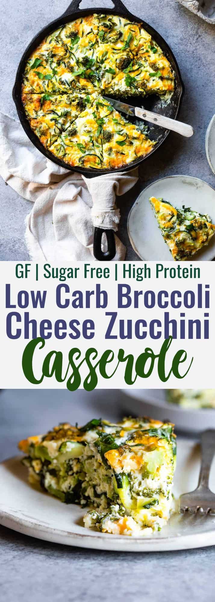 Baked Kale and Broccoli Cheesy Zucchini Casserole - This low carb, gluten free Healthy Baked Cheesy Zucchini Casserole is a quick, easy and healthy dinner that even your kids will love! Protein packed, only 1 Freestyle point and 167 calories too! | #Foodfaithfitness | #Lowcarb #Keto #Glutenfree #Spiralized #Healthy