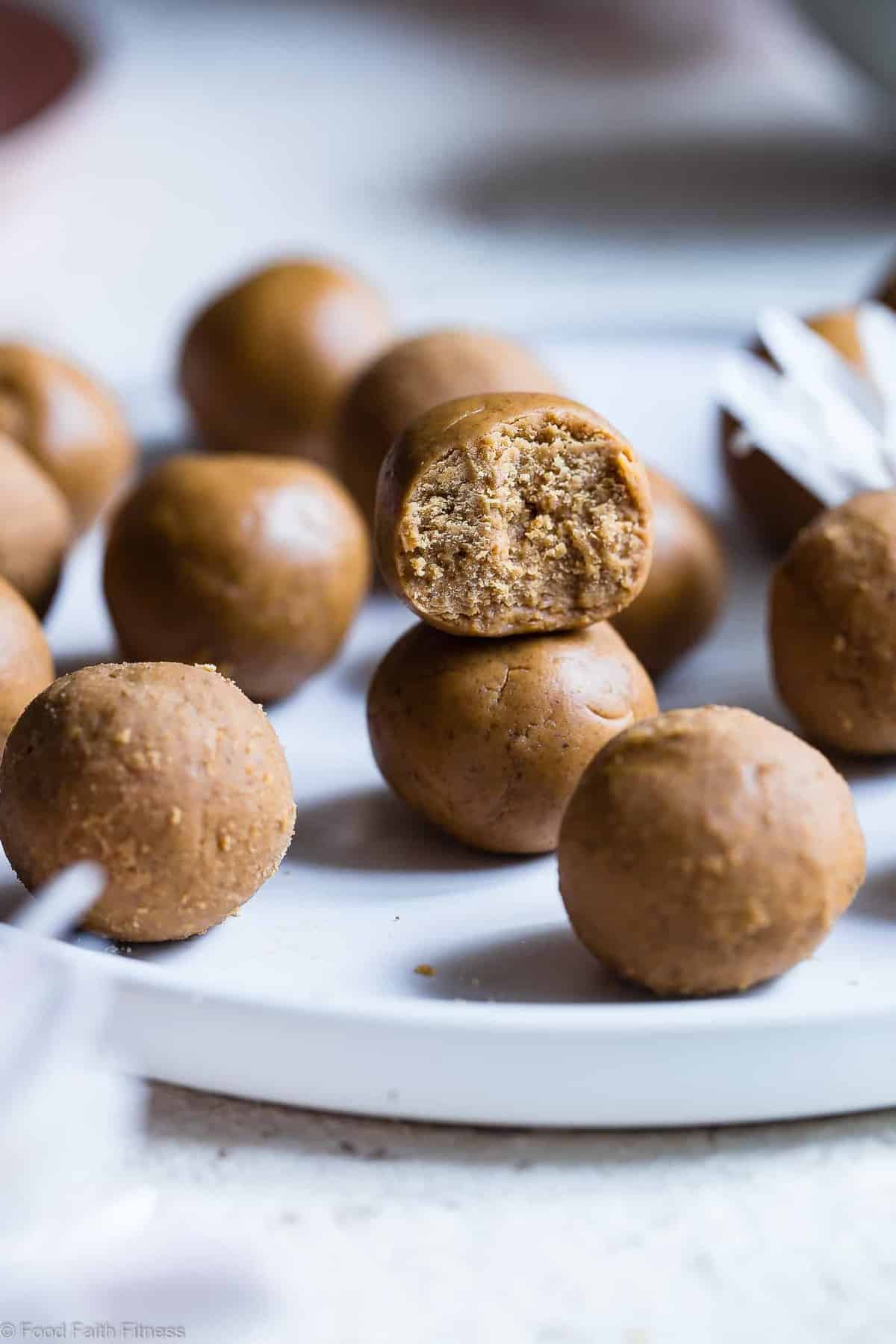Peanut Butter Protein Cookie Dough Bites - This easy recipe is only 4 ingredients and take 10 mins!  Gluten free, dairy free and PACKED with protein too!  A healthy snack for kids or adults!  |  #Foodfaithfitness |  #Glutenfree #Dairyfree #PeanutButter #Healthy #CookieDough