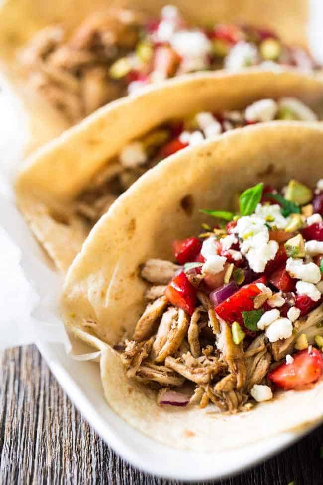 Chicken Tacos with Goat Cheese & Strawberry Salsa - An easy, weeknight dinner that is super healthy , unique and sure to please! | Foodfaithfitness.com | @FoodFaithFit