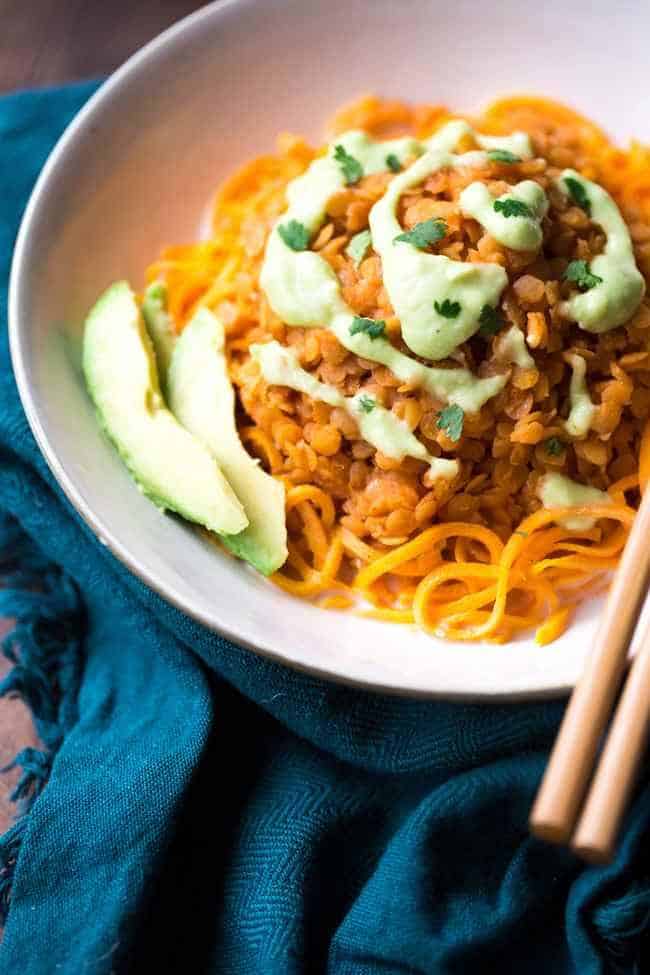 Red Lentil Curry and Spiralized Sweet Potato Noodle Bowls - Gluten free, Vegan and ready in 20 minutes! | Foodfaithfitness.com | @FoodFaithFit