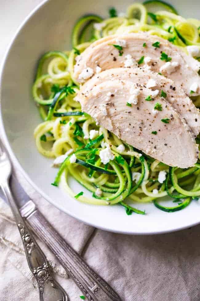 Lemon Chia Greek Yogurt Chicken and Zucchini Noodles - A super easy, low carb and healthy weeknight meal that is perfect for Spring time! | Foodfaithfitness.com | @FoodFaithFit