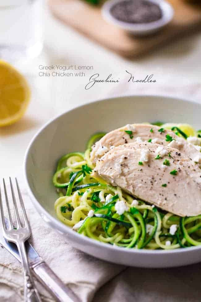 Lemon Chia Greek Yogurt Chicken and Zucchini Noodles - A super easy, low carb and healthy weeknight meal that is perfect for Spring time! | Foodfaithfitness.com | @FoodFaithFit