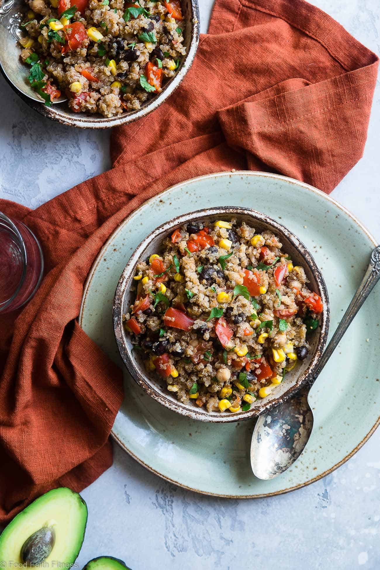 Slow Cooker Mexican Quinoa Casserole - Let the slow cooker do the work for you with this family friendly, healthy weeknight dinner!  Gluten free with a vegan option and even picky eaters love it! | #FoodFaithFitness | #Quinoa #Glutenfree #Healthy #Vegan #Vegetarian