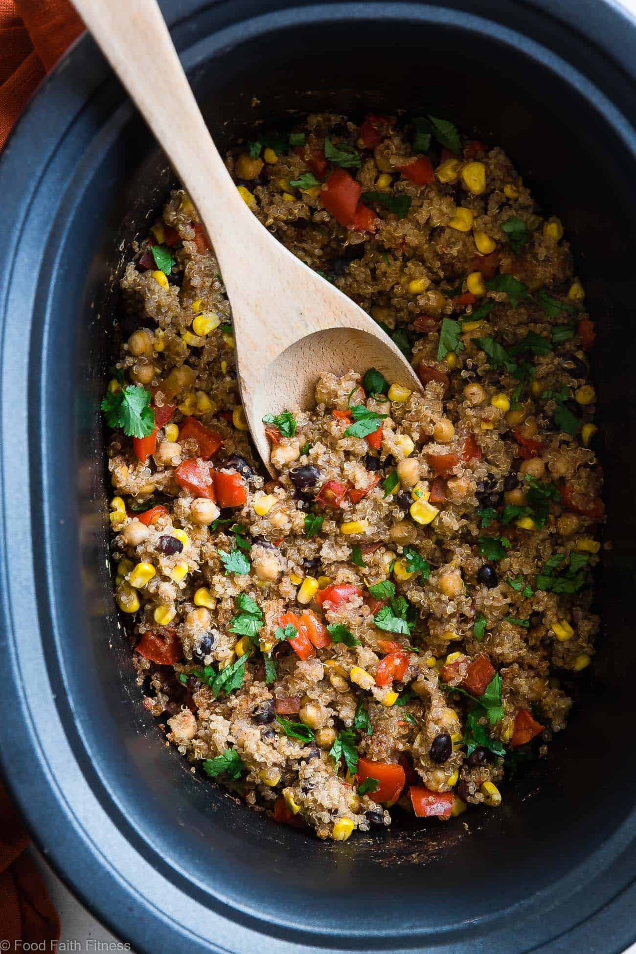 One Pan Mexican Quinoa Casserole - Let the slow cooker do the work for you with this family friendly, healthy weeknight dinner!  Gluten free with a vegan option and even picky eaters love it! | #FoodFaithFitness | #Quinoa #Glutenfree #Healthy #Vegan #Vegetarian