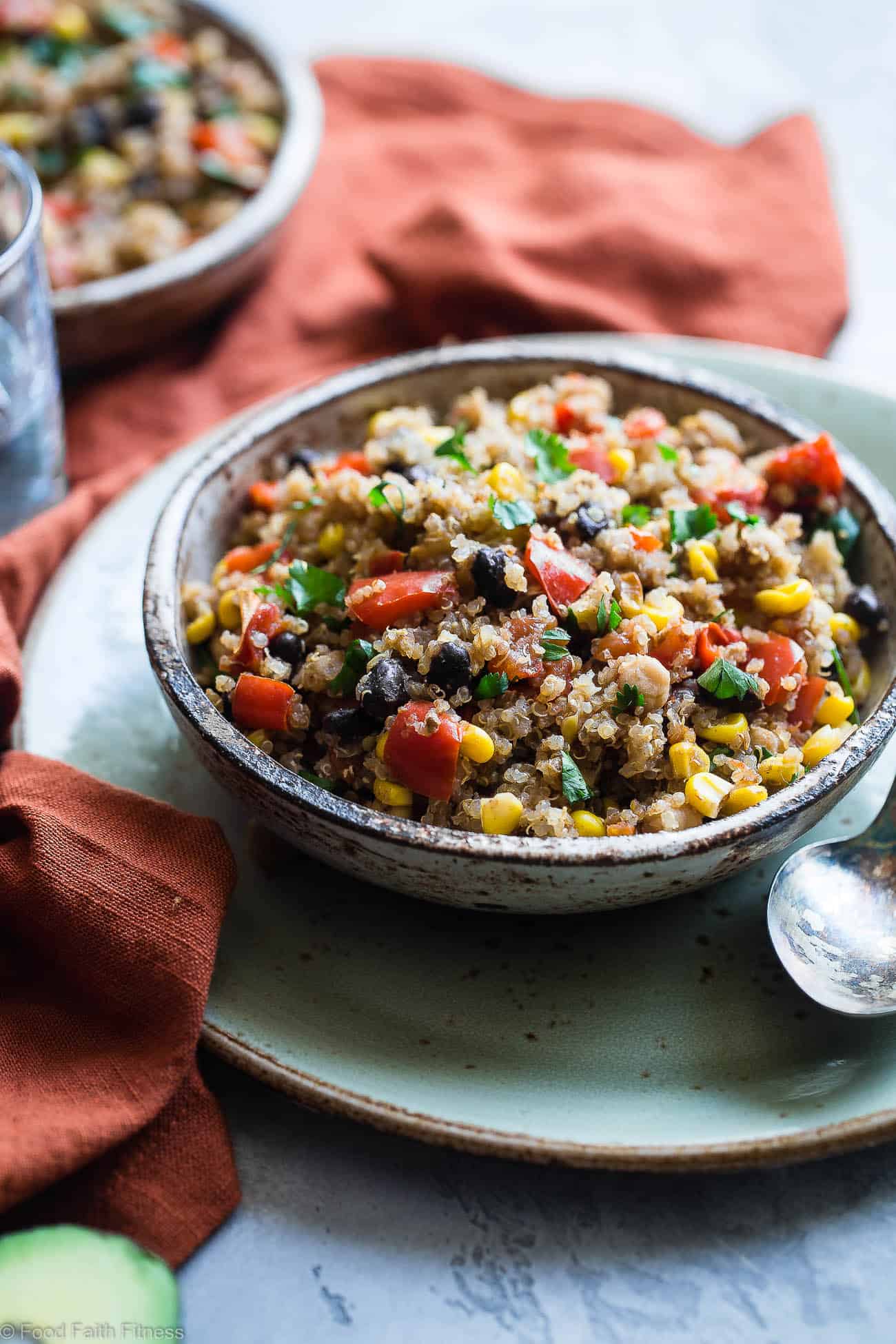 One Pan Mexican Quinoa Casserole - Let the slow cooker do the work for you with this family friendly, healthy weeknight dinner!  Gluten free with a vegan option and even picky eaters love it! | #FoodFaithFitness | #Quinoa #Glutenfree #Healthy #Vegan #Vegetarian