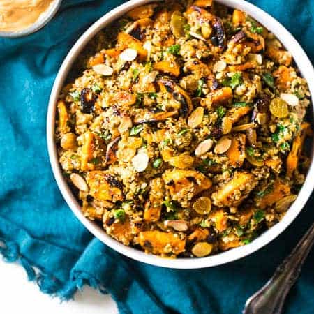 Grilled Sweet Potato Salad with Curry Almond Butter Vinaigrette - Grilled sweet potatoes, cauliflower rice and creamy almond butter make this a healthy, Paleo & Vegan-friendly side dish for the Summer! | Foodfaithfitness.com | @FoodFaithFit