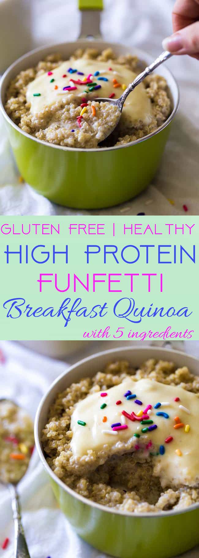Funfetti Breakfast Quinoa - Because who doesn't want healthy cake for breakfast?! Easy, gluten free and protein packed! | Foodfaithfitness.com | @FoodFaithFit | healthy breakfast quinoa. breakfast ideas for kids. breakfast quinoa with almond milk. protein breakfast quinoa. healthy breakfast ideas. breakfast meal prep. high protein breakfast recipes.