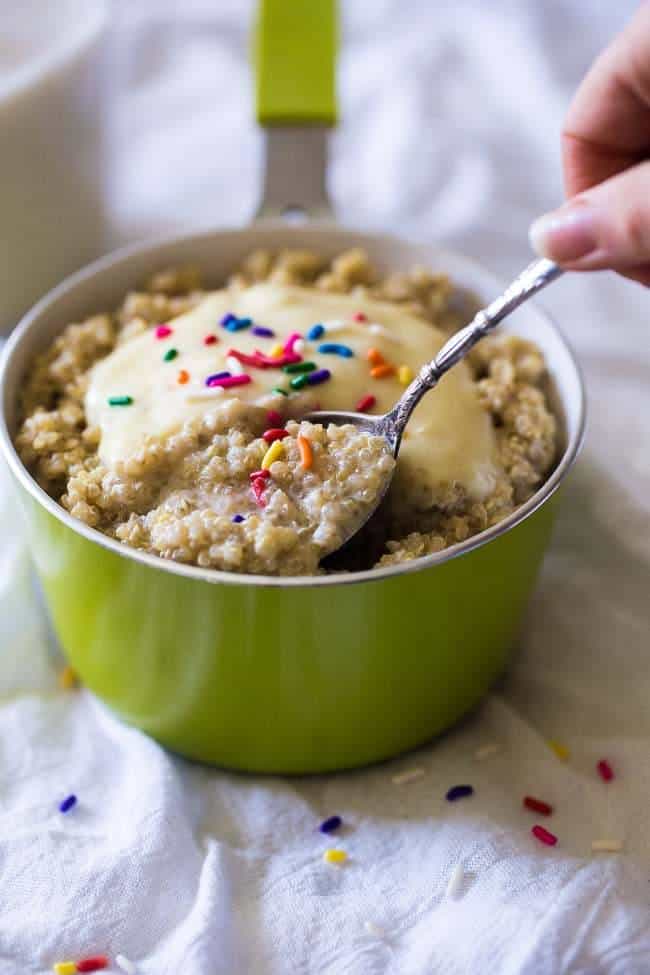 Funfetti Breakfast Quinoa - Because who doesn't want healthy cake for breakfast?! Easy, gluten free and protein packed! | Foodfaithfitness.com | @FoodFaithFit