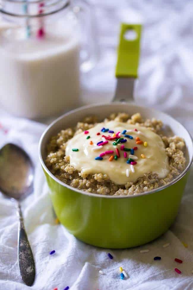 Funfetti Breakfast Quinoa - Because who doesn't want healthy cake for breakfast?! This quinoa for breakfast is easy, gluten free and protein packed! | Foodfaithfitness.com | @FoodFaithFit