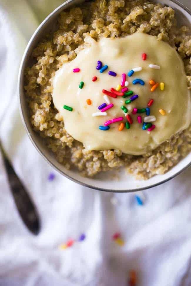 Funfetti Breakfast Quinoa - Ever wondered how to make breakfast quinoa? It's easy, gluten free and protein packed! | Foodfaithfitness.com | @FoodFaithFit