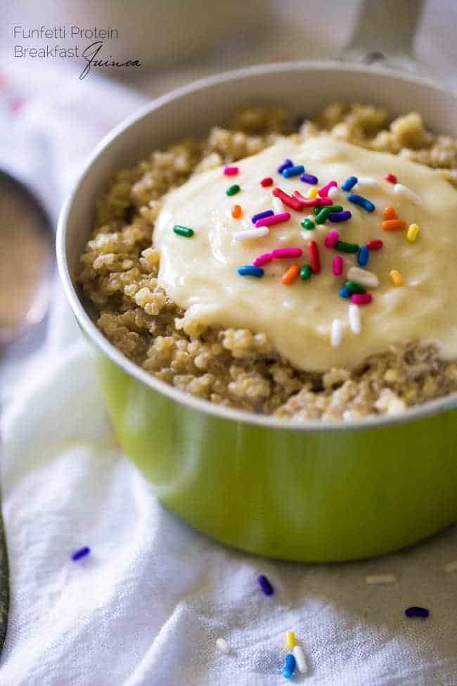 Funfetti Breakfast Quinoa - Because who doesn't want healthy cake for breakfast?! Easy, gluten free and protein packed! | Foodfaithfitness.com | @FoodFaithFit
